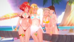 1boy 3d 3girls amber_eyes animal_ears azmo beach big_breasts bikini bikini_skirt blonde_hair blush bottomless cat_ears catgirl eyes_closed from_behind full-face_blush imminent_sex koikatsu looking_at_another mythra nia nia_(xenoblade) pyra red_eyes red_hair rex_(xenoblade) short_hair surprise_sex surprised swimsuit tan_skin xenoblade_(series) xenoblade_chronicles_2 yellow_eyes