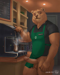 4:5 5_fingers anthro apron balls bara barista beverage biceps bottomless brown_body brown_eyes brown_fur cafe circumcised clothed clothing coffee coffee_shop english_text erection fingers fur gay genitals hi_res humor inside lolitarey male mammal muscular muscular_anthro muscular_male pantsless pecs penis polo_shirt public public_nudity pun shirt solo standing steam text topwear ursid visual_pun