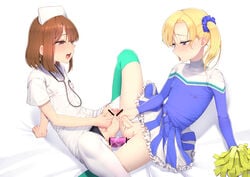 2boys 2femboys anal_insertion balls blonde_hair blush brown_hair censor_bar censored cheerleader cheerleader_uniform crossdressing dildo dildo_in_ass femboy femboy_nurse femboy_on_femboy hokuro_ryuuseigun male male_cheerleader male_only masturbation nurse nurse_cap nurse_uniform object_insertion original penis small_penis testicles thighs trap_on_trap