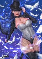 black_hair blue_eyes breasts card dc dc_comics female female_focus female_only fishnets hand_on_hat hat hibren long_hair magic magic_wand smile smiling smiling_at_viewer solo_female straight_hair thighs top_hat zatanna zatanna_zatara