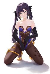 1girls arm_gloves black_hair blue_eyes bodystocking female female_only genshin_impact heels hi_res hiki_niito hiki_nito kneeling long_hair looking_at_viewer mona_(genshin_impact) shadow solo solo_female tiptoes twintails white_background