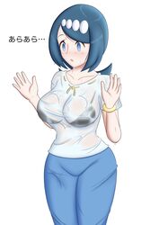 1girls blue_eyes blue_hair female female_only freckles gigantic_breasts hair_ornament hi_res highres human kiteman442 lana's_mother_(pokemon) mature mature_female milf mob_face nintendo pokemon pokemon_sm solo tied_hair