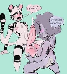 1boy 1futa anthro areolae balljob balls benton_(smutcelot) big-fig big_hair blush bodily_fluids cum cum_on_balls cum_string cumshot dialogue ejaculation english_text erect_nipples erection felid feline femboy futa_on_male futanari genital_fluids genitals hair hi_res huge_cock hung_trap hyper hyper_balls hyper_genitalia hyper_penis intersex intersex/male larger_futanari leopardus looking_pleasured male mammal marine nipples nude ocelot oversized_balls overweight overweight_futanari penis pinniped seal slappy_(big-fig) spots spotted_seal stripes text