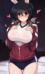 1girls animal_ears black_hair bloomers blush brave_witches breast_suppress breasts bunny_ears bunny_girl buruma busty clothing cowboy_shot female gym_uniform heart heart-shaped_pupils jacket large_breasts looking_at_viewer null_(nyanpyoun) open_clothes open_jacket open_mouth pussy_juice shimohara_sadako short_hair smile solo steam symbol-shaped_pupils track_jacket voluptuous world_witches_series