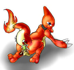 3_toes all_fours anal_insertion back_view beige_skin blue_eyes candy_cane charmeleon claws collar color fire food insertion lollipop looking_back male male_only nintendo nude open_eyes orange_skin pokémon_(species) pokemon raised_tail smile solo tail tail_fire testicles white_background