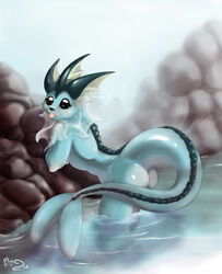 2009 anthro ass blue_skin color female female_only mingchee nintendo nude outdoors pokémon_(species) pokemon side_view solo tagme tail tail_fin tongue vaporeon water