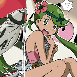 1girls ?! bare_shoulders blush clothed dark-skinned_female dark_skin erection eyelashes flower foongus fungi_fauna gomatarou green_eyes green_hair hairband human interspecies long_hair mallow_(pokemon) mushroom nintendo open_mouth penis pokemon pokemon_sm precum sideboob straight sweat tongue twintails