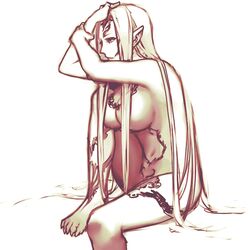 breasts dissidia_final_fantasy elf final_fantasy final_fantasy_viii hair large_breasts long_hair monochrome nude pointy_ears sideboob sitting sketch ultimecia very_long_hair