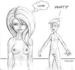 disappointed disney female human kim_possible kimberly_ann_possible male medium_breasts micropenis monochrome nipples penis ron_stoppable small_penis small_penis_humiliation sph straight_hair tagme tooner