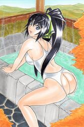 absurdres ass ass_cutout assless_swimsuit black_hair blue_eyes bow female hairbow hayami_jin highres infinite_stratos landscape looking_at_viewer onsen open_mouth ponytail pool shinonono_houki smile swimsuit tagme