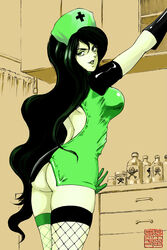 1girls ass ass_cutout back_cutout black_hair disney elbow_gloves female female_only fishnet_thighhighs gloves green_skin human kim_possible large_breasts latex looking_at_viewer nurse nurse_cap revealing_clothes shego shinkaigyo short_dress skimpy solo thick_thighs thighhighs very_long_hair