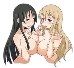 black_hair blonde_hair blue_eyes blush breast_press breasts bust face female haganemaru_kennosuke hime_cut human human_only k-on! large_breasts long_hair mio_akiyama_(k-on!) multiple_girls nipples nude simple_background symmetrical_docking tsumugi_kotobuki_(k-on!) white_background yuri