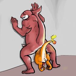 3_toes 5_fingers anal_insertion back_view beige_skin charmeleon closed_eyes color fire indoors insertion male male_only multiple_males nintendo nude orange_skin penis pokémon_(species) pokemon raised_tail tail tail_fire