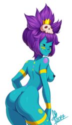 adventure_time ass back black_eyes breasts crown female hand_on_thigh jungle_princess looking_at_viewer looking_back lui-ra nature nipples nude ponytail purple_hair sideboob skull smile solo tribal