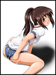 beige_skin blush brown_eyes brown_hair clothes color cum female female_only hair hentohki human kyon kyonko looking_back open_eyes ponytail rule_63 shirt sitting solo suzumiya_haruhi_no_yuuutsu tied_hair