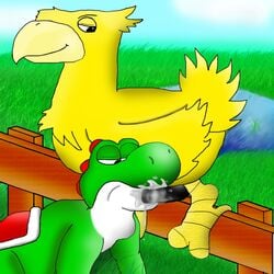 chocobo color crossover feathery fellatio final_fantasy interspecies male male_only mario_(series) nintendo oral smooth_skin yaoi yoshi