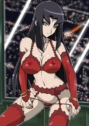 black_hair bra breasts gloves lingerie long_hair misty_lola nipples panties red_bra red_thong see-through straw straw_(artist) thighhighs underwear yu-gi-oh! yu-gi-oh!_5d's