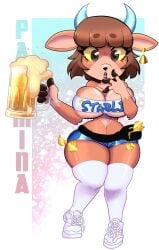 1girls 4_fingers alcohol animal_crossing animal_crossing_new_horizons anthro anthrofied bangs bangs_over_eyes beverage big_boobs big_breasts big_tits breasts brown_hair brown_lips brown_lipstick crop_top earring fanny_pack female female_focus female_only fur furry furry_only goat goat_girl goat_horns horns knees_together_feet_apart money money_under_clothes nintendo no_bra overboob pashmina_(animal_crossing) purple_eyes raccoon_sama shiny_clothes short_hair short_shorts shorts shy skinny_girl skinny_waist slutty_clothing slutty_outfit small_waist sneakers stable_outfit_(raccoon_sama) thick_thighs thighhighs thighs underboob video_games waitress waitress_uniform wide_hips yellow_sclera