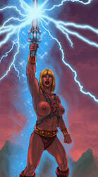 abs blonde_hair boots breasts clothes color electricity female female_only filmation footwear front_view hair he_man holding_sword human masters_of_the_universe muscles outdoors overhand_grip raised_arm rule_63 short_hair solo sword weapon