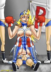 1girls 3boys antenna_hair bandana blonde_hair blue_eyes boxing_gloves breasts breasts_out breasts_out_of_clothes capcom clitoris clothed_sex clothing earrings female female_focus foursome gloved_handjob gloves handjob light-skinned_female light-skinned_male light_skin male mmmf_foursome nipples open_mouth pussy red_boxing_gloves red_gloves rival_schools saittamicus shoes small_breasts star_earrings stockings thick thick_thighs thighhighs thighs tiffany_lords vagina vaginal vaginal_penetration