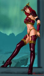 alexstrasza background breasts eyeshadow female glowing_eyes high_heels horns jewelry long_eyebrows long_hair looking_at_viewer mountains red_hair sade75311 solo tagme thigh_highs unconvincing_armour world_of_warcraft yellow_eyes