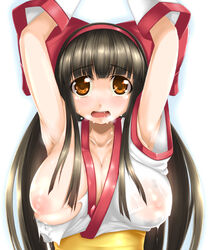 1girls arms_up black_hair bow breasts brown_eyes detached_sleeves dou-t female female_only hairbow lactation large_breasts long_hair nakoruru nipples samurai_shodown see-through see-through_clothing snk solo tear torn_clothes