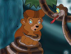 anthro bear black_nose bound breasts brown_fur brown_hair disney eye_contact female feral fur furry_breasts furry_ears hair interspecies kaa lol20 looking_at_another male mammal nipples open_mouth rebecca_cunningham reptile restrained round_ears snake tagme talespin the_jungle_book tongue tongue_out