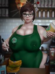 1girls 3d alternate_breast_size annoyed apron big_breasts blender breast_milk breasts_bigger_than_head chubby eyewear female female_only glasses huge_breasts iced_latte_with_breast_milk lactation lactation_without_expressing large_breasts looking_at_viewer mei_(overwatch) meme milk naked_apron overwatch partially_clothed pov starbucks tagme vanasmut wide_hips