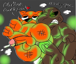 absurd_res alien anal anal_sex anthro bodily_fluids brown canid canine cum cum_inside cum_while_penetrated dialogue duo fox fur genital_fluids glowing glowing_cum green_light hi_res jay_(jaythefox333) jaythefox333 male male/male mammal orange_body orange_fur penetration scalie simple_background sweat tired unusual_bodily_fluids unusual_cum unusual_genital_fluids