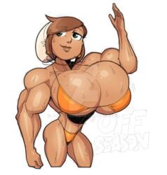 big_breasts bikini jonpadraws juice_girls muscular muscular_female pumpkin_spice_(jonpadraws) shortstack sweat