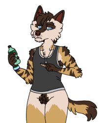 1cuntboy absurd_res accessory andromorph annoyed anthro beverage bottle bottomless clitoral_hood clitoris clothed clothing cross cuntboy cuntboy_only food gay_pride_colors genitals hi_res holding_beverage holding_food holding_object hyaenid hybrid intersex jewelry kibbleztheyeen mammal necklace parker_(kibbleztheyeen) partially_clothed pride_colors pubes pussy shirt solo striped_hyena tank_top thick_thighs topwear vincian_pride_colors wristband