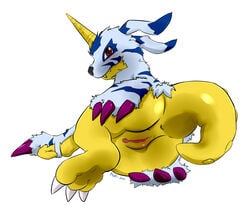 2015 anus arm_support ass bandai_namco claws digimon digimon_(species) digital_media_(artwork) female feral fur_coat gabumon genitals hatiimiga hi_res horn looking_at_viewer lying non-human on_side presenting presenting_pussy pussy rear_view semi-anthro simple_background solo white_background