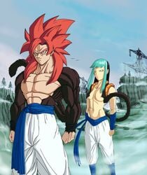 1boy 1girls bra_(dragon_ball) bra_briefs brapan breasts brown_fur dragon_ball dragon_ball_gt female fusion gogeta hypothetical_fusion long_hair metamoran_clothing metamoran_fusion novasayajingoku open_clothes pan_(dragon_ball) pants red_hair saiyan shirtless_(male) standing super_saiyan_4