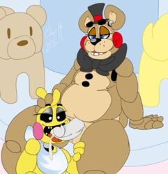 1boy 1boy1girl 1girls animatronic avian balls bear black_nose blue_eyes bow_tie bowtie buttons cum cum_leaking cum_on_penis cumshot erect_penis erection female five_nights_at_freddy's five_nights_at_freddy's_2 frots grabbing_from_behind grabbing_head half-closed_eyes headgear headwear looking_down male male/female male_only mammal open_mouth penis smile smiling teeth tongue tongue_out top_hat toy_chica_(fnaf) toy_freddy_(fnaf)