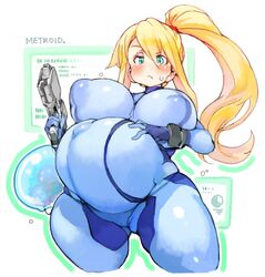 1girls blush breasts female female_only huge_belly large_breasts metroid pregnant ready_to_pop sachito samus_aran solo zero_suit zero_suit_samus