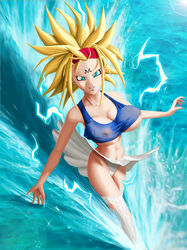 1girls 2d blonde_hair bra_(dragon_ball) bra_briefs breasts corruption dragon_ball enemy_conversion majin_mark nipples nipples_visible_through_clothing novasayajingoku see-through see-through_clothing socks solo super_saiyan super_saiyan_2 tattoo water waves