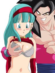 1boy 1boy1girl 1girls black_hair blue_hair bra_(dragon_ball) bra_briefs breasts dragon_ball dragon_ball_gt female female_focus grabbing_breasts hand_on_breast long_hair simple_background smile sneedover solo_focus son_goku white_background