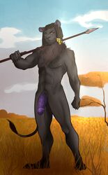 abs anthro black_body black_fur dreadlocks fake_anna felid fur genitals gold_(metal) hi_res horus_wild lion male mammal melee_weapon muscular muscular_anthro outside pantherine penile_spines penis polearm purple_penis savanna solo spear weapon