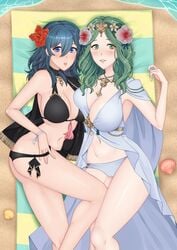 2girls alternate_version_available ass_cleavage asymmetrical_docking beach bikini black_bikini black_swimsuit blue_eyes breasts butt_crack byleth_(fire_emblem) byleth_(fire_emblem)_(female) byleth_(summer)_(fire_emblem)_(female) cryptid_crab female/female female_only fire_emblem fire_emblem:_three_houses fire_emblem_heroes flower flower_in_hair green_eyes green_hair large_breasts long_hair looking_at_viewer nintendo official_alternate_costume revision rhea_(fire_emblem) rhea_(summer)_(fire_emblem) seaside swimsuit teal_hair towel water white_bikini white_swimsuit yuri