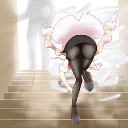 1:1 1boy 1girls 2021 accidental_circumstance ass big_ass breasts chairman_rose clothed clothing coat female female_focus highres indoors lingerie long_hair male microsd_(artist) nintendo oleana_(pokemon) panties pantyhose pantyshot paper platinum_blonde_hair pokemon pokemon_ss purple_panties see-through shirt stairs standing suit thighband_pantyhose thighs tripping underwear