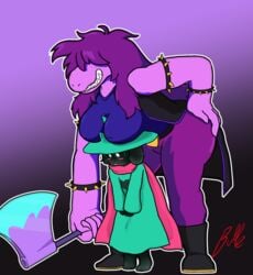 anthro big_breasts bullelewds deltarune larger_female monster monster_girl purple_skin ralsei size_difference smaller_male susie_(deltarune) wizard_hat