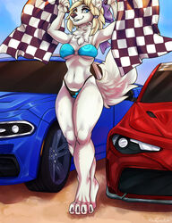 1girls 2021 2d anthro automobile beachwear biped blonde_hair breasts canid canine canis car checkered_flag clothed clothing colored coloured day detailed_background digital_media_(artwork) digitigrade domestic_dog eyebrows eyelashes female fit fit_female fur heterochromia hi_res looking_at_viewer mammal medium_breasts midriff navel neck_tuft outside polychrome redcreator sky smile smiling solo solo_female sports_car white_body white_fur white_sclera