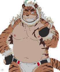 2021 absurd_res anthro anthro_only bara barazoku belly bulge clothed clothing dad_bod dadbod erection erection_under_clothing felid furry furry_only gantogan1216 genital_outline hi_res hombretigre humanoid humanoid_hands kemono male mammal moobs navel nipples one_eye_closed overweight overweight_male pantherine penis_outline solo tiger tokyo_afterschool_summoners underwear video_games wink