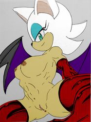 5_fingers anthro anus breasts chiropteran eyelashes female fingers fur genitals green_eyes hi_res looking_at_viewer mammal mostly_nude pussy randomguy999 rouge_the_bat sega simple_background solo sonic_(series) white_body white_fur wings