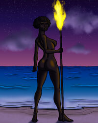 african_female ass beach dark_skin female fire hominid homo_erectus looking_at_viewer nude prehistoric sideboob solo torch tyrannoninja