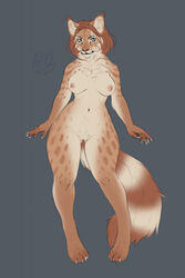 anthro areola blue_eyes breasts domestic_cat felid feline felis female fingers flat_(disambiguation) genitals hair hi_res lostgoose mammal markings nude pussy red_hair spots spotted_markings striped_markings stripes weisha