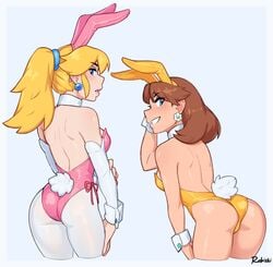 2girls ass back big_ass blonde_hair blue_eyes breasts brown_hair bubble_butt bunny_ears bunnysuit detached_sleeves eye_contact female female_only leotard long_hair looking_at_viewer looking_back mario_(series) multiple_girls nintendo pantyhose ponytail princess_daisy princess_peach rob_ishi simple_background small_breasts standing strapless strapless_leotard tan_skin thighs tied_hair white_legwear white_pantyhose wrist_cuffs