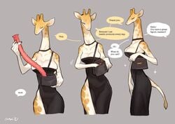 1girls anthro bebebebebe choker cleavage closed_eyes dialogue dildo dress elegant english_text female female_only giraffe giraffe_ears grey_background handbag hi_res horns long_dildo long_neck partially_clothed sex_toy slink solo solo_female sparkles speech_bubble tail