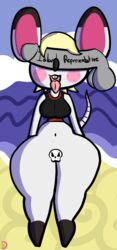 2020 animal_crossing bella_(animal_crossing) disembodied_penis half-dressed human_on_anthro klutzatdusk male_human/female_anthro male_on_anthro mouse nintendo penis_on_face pussy_sticker shortstack tank_top unseen_male_face writing