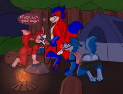 3_toes 4_fingers all_fours alpha_male anal anthro anthro_on_anthro arm_markings black_bottomwear black_clothing black_markings black_nose black_shorts blue_body blue_fur blue_hair blue_tail bodily_fluids bottomwear breath campfire canid canine canis claws clothed clothing cocky cocky_smile collar collar_only countershade_face countershade_tail countershade_torso countershading cum cum_in_ass cum_inside cum_on_face cum_on_penis dialogue digital_media_(artwork) dipstick_ears dominant dominant_male ears_back english_text erection eyebrow_piercing facial_piercing feet fingerless_(marking) fingers fox fur genital_fluids genitals gloves_(marking) hair heart hi_res kazumafox leash leg_markings licking log lying male male/male male_only mammal markings multicolored_ears night nude on_back open_mouth open_smile oral oral_sandwich outside partially_clothed pawpads penile penis penis_lick penjally-red-fox piercing pink_clothing pink_shirt pink_tank_top pink_tongue pink_topwear pivoted_ears plant profanity raised_tail red_body red_claws red_fur red_pawpads red_tail rimming robbie_(rotten_robbie) rock rotten_robbie sex shirt shorts shorts_down shrub smile socks_(marking) speech_bubble standing submissive submissive_male tank_top tent text toeless_(marking) toes tongue tongue_out topwear tree trio verbal verbal_domination white_body white_fur white_nose white_tail white_tongue wolf wood